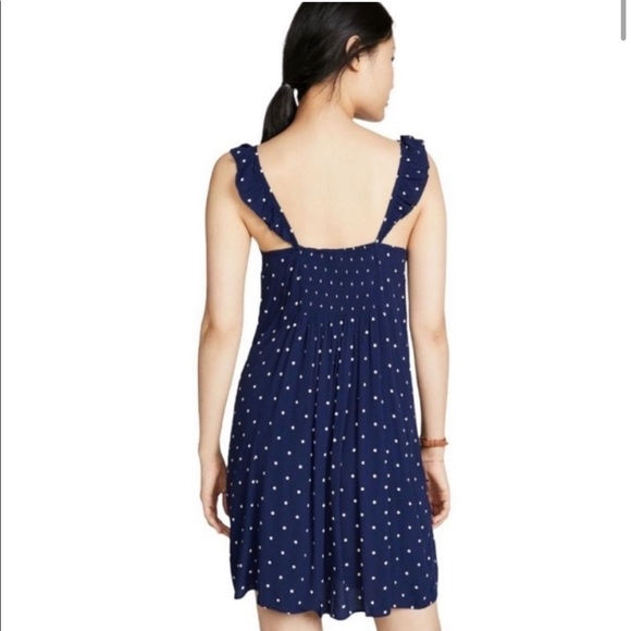 Madewell Ruffle-Strap Button-Front Sundress Dress in Navy Blue Tan Polka Dot 6 - Picture 8 of 8